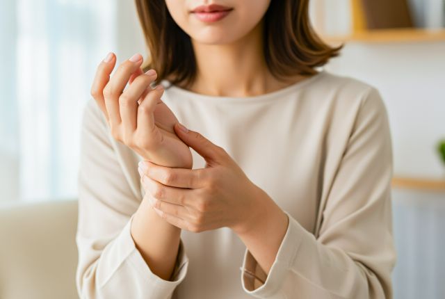 手に痛みを感じている女性